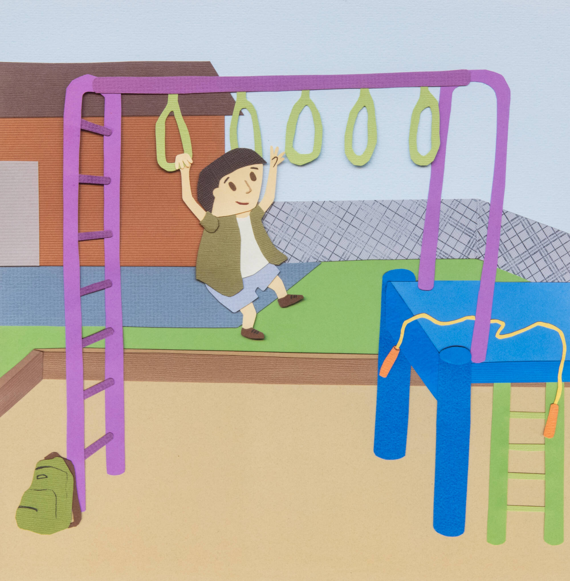 Cartoon image of a child going across purple monkey bars, building in the background. Their backpack rests against the play structure.